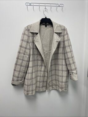 Plaid Open-Front Blazer Jacket in Cream